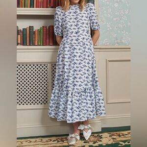 Sister Jane Wisteria Tie Back Midi Dress Size XS Blue White Floral Puff Sleeves